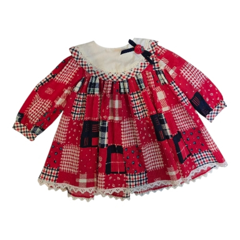 Vintage 1980s Allison Ann Red Blue Patchwork Patterned Long Sleeved Dress